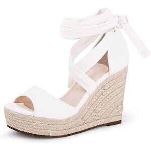 Women's White Wedges Open Ankle Strap Toe Tie Lace Up Sandals Heels Shoes